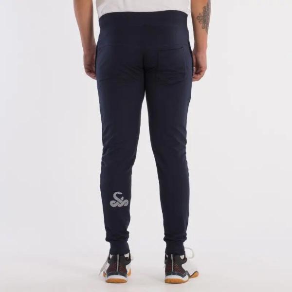 Pantaloni sport sau de padel, lungi, albastru inchis, vibora, vedere din spate, logo pe picior