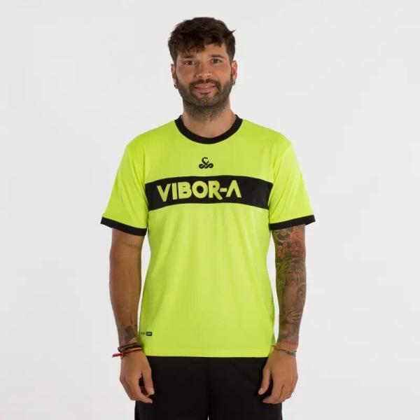Tricou de padel sau sport, pentru barbati, galben electric cu negru, Vibora, vedere din fata, logo central
