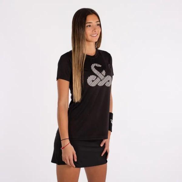 Tricou dama pentru sport sau padel, vibora anaconda culoare neagra, vedere frontala logo